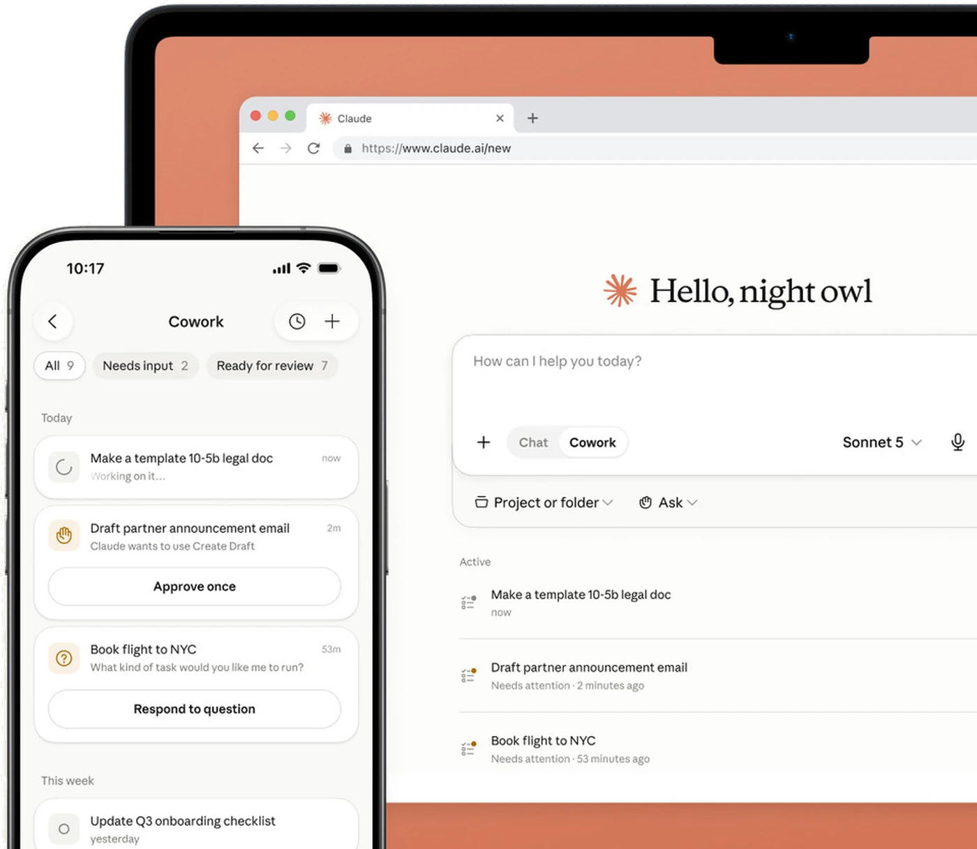 Claude Cowork running on a phone and a laptop: a task list with items awaiting approval, and the Cowork mode selected in the Claude composer.